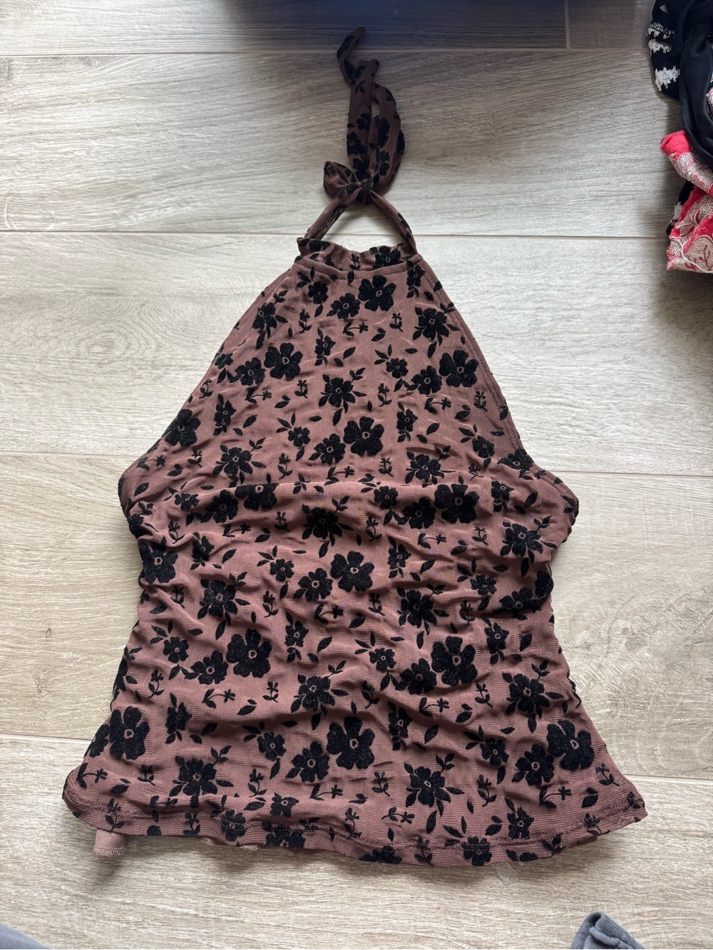 Motel Rocks Brown Floral Halter Cami with Black Burnout Flowers